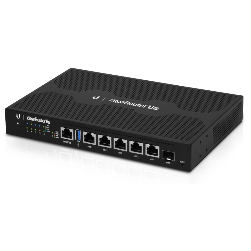Ubiquiti ER-6P, EdgeRouter 6-Port Gigabit PoE Router with SFP, 5x Ethernet Ports (Default eth0), 1x Gigabit SFP Ports, 4-Core 1GHz MIPS64 Processor, 1GB DDR3 RAM, 4GB eMMC, 8 MB SPI NOR On-Board Flash Storage, Rackmountable (Rackmount kit not included), 1