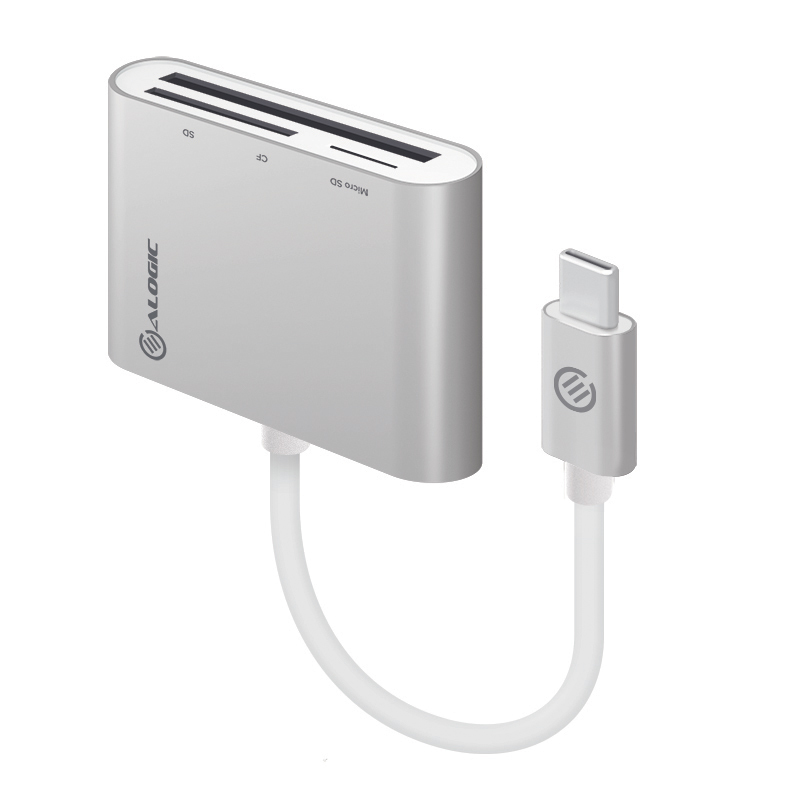 Alogic VPLUCMCR, VROVA Plus USB Type-C Multi Card Reader, Aluminium, Supports SD, SDHC (Secure Digital High Capacity), SDXC (Secure Digital Extended Capacity), microSD and CompactFlash - Downstream: 1 x SD, 1 X micro SD, 1 X Compact Flash - Upstream: 1 X