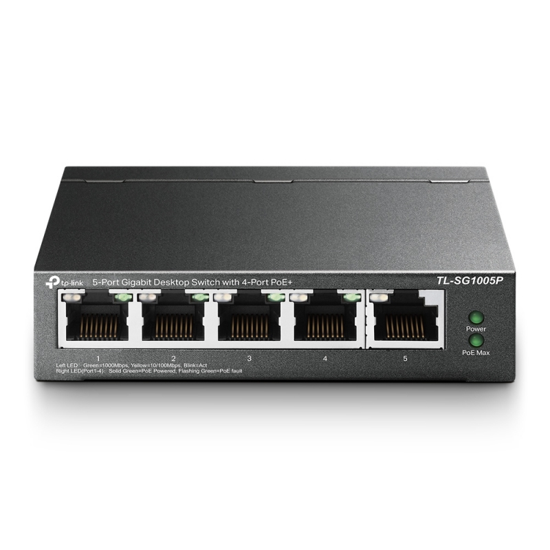 Tp-Link TL-SG1005P, 5-Port Gigabit Desktop Unmanaged Switch, POE (4), 56 W, transfers data and power on one single cable, 3 Year