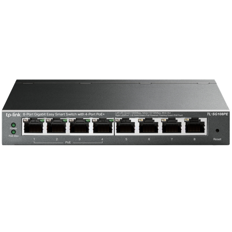 TP-Link TL-SG108PE 8-Port Gigabit Easy Smart Switch with 4-Port PoE, 55W IEEE 802.3af, Fanless, VLAN Features, 3 Years