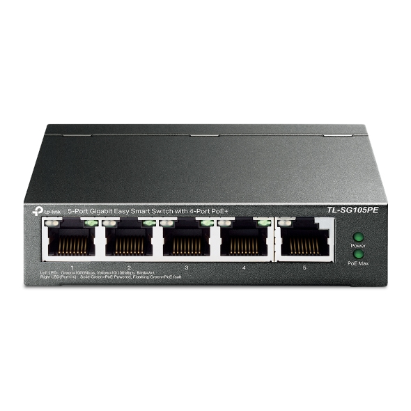 TP Link TL-SG105PE, 5-Port Gigabit Easy Smart Switch with 4-Port PoE+ PORT: 4× Gigabit PoE+ Ports, 1× Gigabit Non-PoE Ports SPEC: 802.3at/af, 65 W PoE Power, Desktop Steel Case, 5 Years Warranty