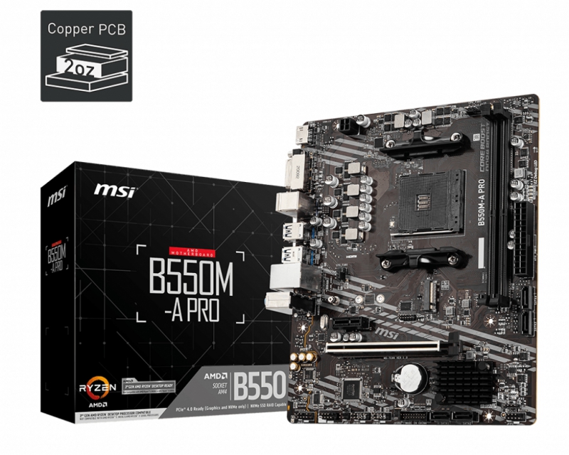 MSI B550M-A Pro, M-ATX, AMD AM4, 2xDDR4, 1xM.2+4xSATA 6Gb/s, RAID, 2xPCIE, 1xHDMI, 1xDVI-D, GbE LAN, 4xUSB3.2, 2xUSB2.0, 3 Years Warranty