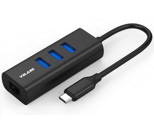 Volans VL-HJ45-C2, Aluminium USB-C to 3 Port Hub and Gigabit Ethernet Adapter, 1 Year Warranty