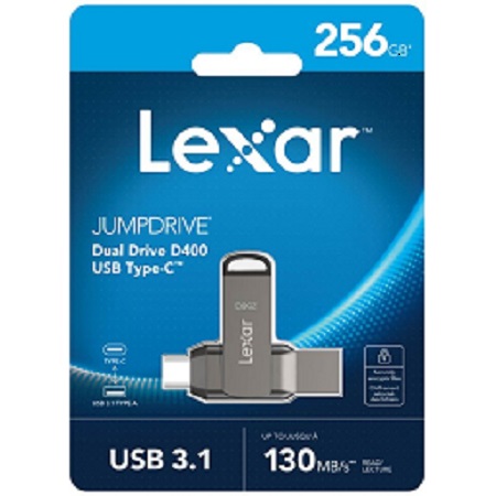 *Limits Apply, contact your AM* Lexar LJDD400256G-BNQNG, JumpDrive D400, Titanium, 256GB, USB3.1 Type-A and Type-C, Read Speed: Up to 130MB/s, 5 Year Warranty