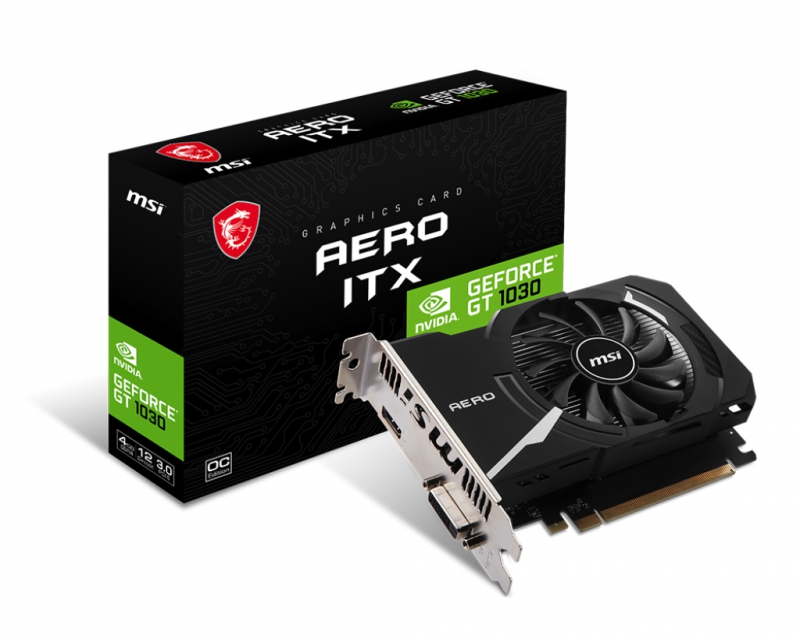 MSI GT 1030 AERO ITX 4GD4 OC, Nvidia GeForce GT 1030, 4GB DDR4, Core Clock: 1430MHz, Cuda Core: 384, 1xHDMI, 1xDVI, PSU: 300W, PCIe3.0, 3 Year Warranty