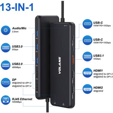 Volans VL-UCH2P, Aluminum 13-in-1 Triple Display USB-C Hub, 100W, 2xHDMI, 1xDP, 1xRJ-45, 2xUSB-C, 4xUSB3.1, 2xUSB2.0, 1x3.5mm Audio Jack, 1 Year Warranty