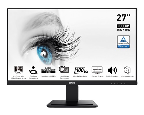 MSI PRO MP273A, 27" IPS, 1920x1080, 16:9, 1ms, 100Hz, Adaptive-Sync, 1xHDMI, 1xDP, 1xD-Sub, Speakers, VESA, Tilt, 3 Year Warranty