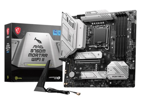 MSI MAG B760M MORTAR WIFI II, Micro ATX, Intel LGA 1700, 4xDDR5, 3xM.2, 4xSATA 6Gb/s, RAID, 1xPCIe, 1xHDMI, 1xDP, GbE LAN, Wireless AX+Bluetooth, 1xUSB-C, 3xUSB3.2, 4xUSB2.0, 3 Year Warranty