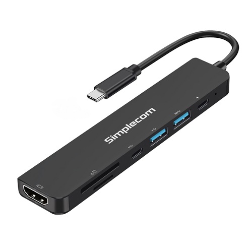 Simplecom CH547, USB-C 7-in-1 Multiport Adapter, 1xHDMI, 2xUSB-A, 1xUSB-C (Up to 100W PD), 1xSD Slot, 1xMicroSD Slot, Black, 1 Year Warranty