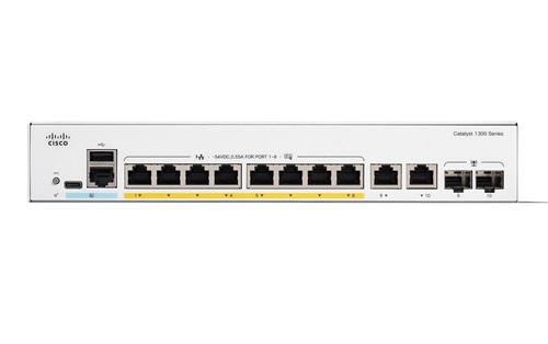 Cisco C1300-8P-E-2G, Catalyst 1300 Series Ethernet Switch, 8xGbE PoE+ Port, 2xGbE SFP Port, Layer 3, Managed, Rack-Mountable, PoE Budget: 67W, Limited Lifetime Warranty
