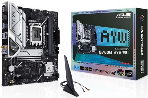 Asus B760M-AYW WIFI, mATX, Intel LGA 1700, 2xDDR5, 2xM.2, 4xSATA 6Gb/s, RAID, 3xPCIe, 1xHDMI, GbE LAN, Wireless AX+Bluetooth, 4xUSB3.0, 2xUSB2.0