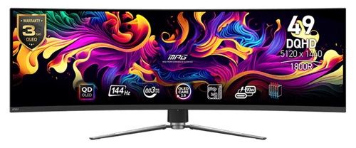 MSI MPG 491CQP QD-OLED, 49" Curved, 5120x1440, 32:9, 0.03ms, 144Hz, Adaptive Sync, USB-C (90W PD), 2xHDMI, 1xDP, USB, VESA, Adjustable Height, Tilt, Swivel, Black