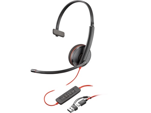 HP/Poly 8X214AA, Blackwire C3210 UC, Wired Mono Headset, USB-C/A + 3.5mm, Black, 2 Year Warranty