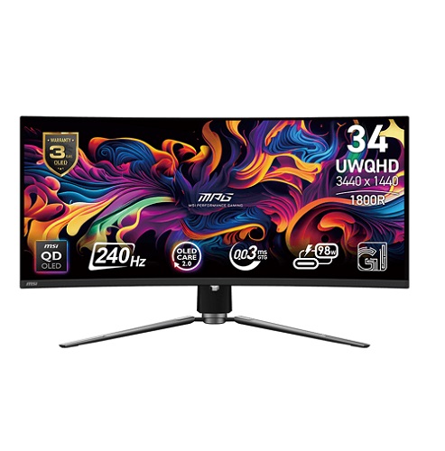MSI MPG 341CQPX QD-OLED, 34.18" Curved QD-OLED, 3440x1440, 21:9, 0.03ms, 240Hz, Adaptive Sync, USB-C (90W PD), 2xHDMI, 1xDP, VESA, Adjustable Height, Tilt, Swivel, 3 Year Warranty
