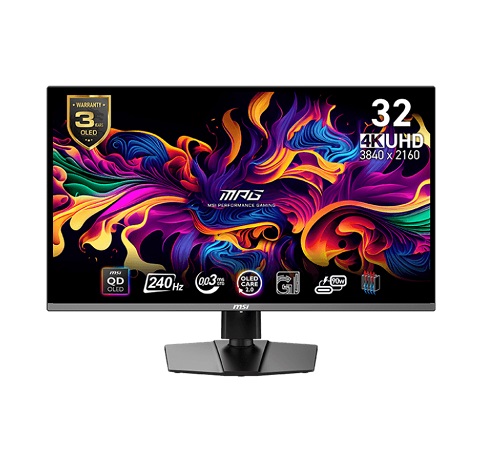 MSI MPG 321URX QD-OLED, 32" 4K Gaming Monitor, 3840x2160, 16:9, 0.03ms, 240Hz, 1xHDMI, 1xDP, 4xUSB, VESA, Height Adjustable, Tilt, Swivel, Pivot, White, 3 Year Warranty