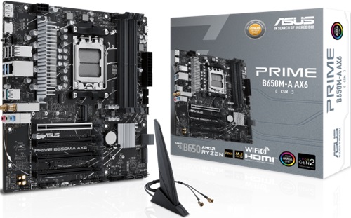 Asus PRIME B650M-A AX6-CSM, Micro-ATX, AMD AM5, 4xDDR5, 3xM.2, 4xSATA 6Gb/s, RAID, 4xPCIe, 1xHDMI, 1xDP, LAN, Wireless AX+Bluetooth, 1xUSB-C, 7xUSB-A, 3 Year Warranty