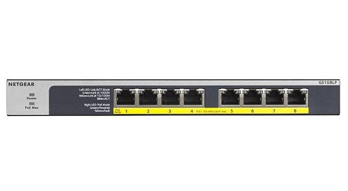 Netgear GS108LP-100AJS, 8-Port PoE+ Gigabit Ethernet Unmanaged Switch, 8-Ports PoE (60W PoE BudgeT), PSU: External Input 54V 1.25A (67.5W), Max MAC Entries: 4K, Buffer Size: 192KB - Bandwidth: 16Gbps, MTBF: 2,752,476 hours, QoS DSCP Support, Limited Lifet