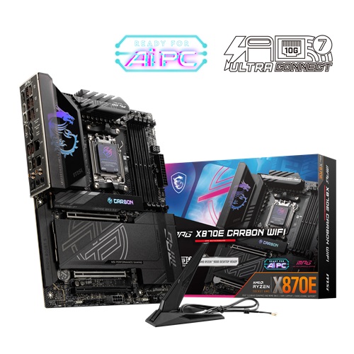MSI MPG X870E CARBON WIFI, ATX, AMD AM5, 4xDDR5, 4xM.2, 4xSATA 6Gb/s, 3xPCIe, 1xHDMI, 2xDP, GbE LAN, WiFi 7+Bluetooth, 4xUSB-C, 9xUSB-A