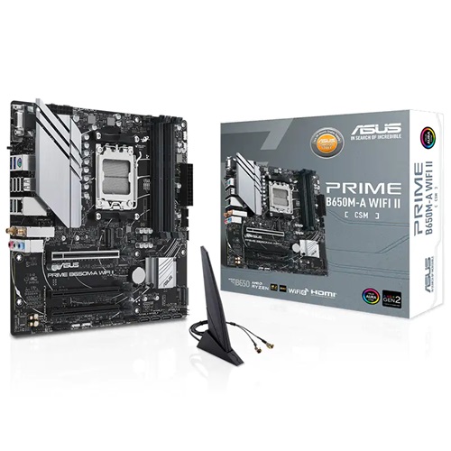 Asus B650M PRIME B650M-A WIFI II-CSM, Micro ATX, AMD AM5, 4xDDR5, 2xM.2, 4xSATA 6Gb/s, RAID, 4xPCIe, 1xHDMI, 1xDP, 1xVGA, Realtek 2.5Gb Ethernet, Wireless AX+Bluetooth, 4xUSB3.2, 4xUSB2.0, 3 Year Warranty