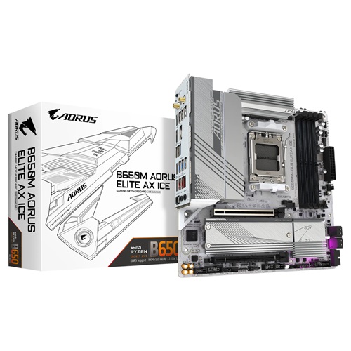 Gigabyte B650M AORUS ELITE AX ICE, ATX, AMD AM5, 4xDDR5, 2xM.2, 4xSATA 6Gb/s, RAID, 2xPCIe, 1xHDMI, 1xDP, GbE LAN, Wireless AX+Bluetooth, 1xUSB-C, 7xUSB3.2, 4xUSB2.0, 3 Year Warranty