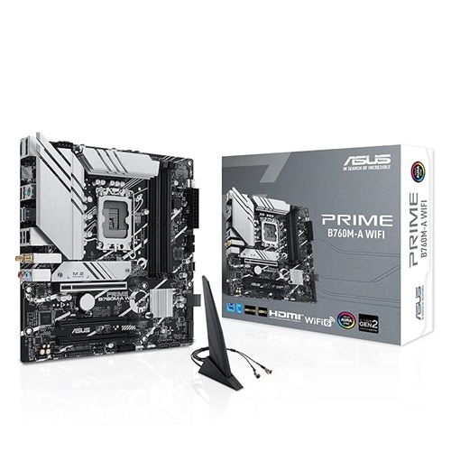 Asus PRIME B760M-A-WIFI-CSM, Micro ATX, Intel Socket LGA 1700, 4xDDR5, 2xM.2, 4xSATA 6Gb/s, RAID, 2xHDMI, 1xDP, 3xPCIe, GbE LAN, Wireless AX+Bluetooth, 1xUSB-C, 2xUSB3.2, 4xUSB2.0, 3 Year Warranty