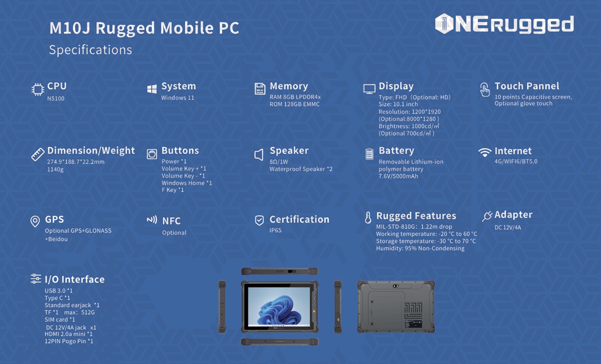 ONERugged M10J Tablet Rugged 10.1'' - Windows 11 Pro, Intel N5100, 8GB RAM, 128GB ROM, IP65, MIL-STD-810H, 4G LTE, GPS, Batteria 5000mAh