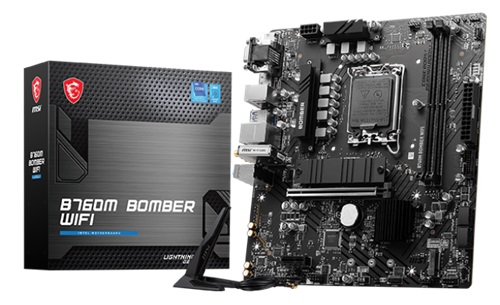 MSI B760M BOMBER WIFI MBD, Micro ATX, Intel LGA 1700 , 2xDDR5, 2x M.2, 4xSATA 6Gb/s, RAID, 1xPCIe, 1xHDMI, 1xDP, 1xD-Sub, GbE LAN, Wireless AX+Bluetooth, 2xUSB2.0, 4xUSB3.2, 3 Year Warranty