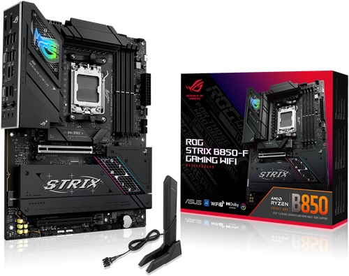 Asus ROG STRIX B850-F GAMING WIFI, ATX, AMD AM5, 4xDDR5, 4xM.2, 2xSATA 6Gbps, RAID, 2xPCIe, 1xHDMI, 1xDP, GbE LAN, Wi-Fi 7+Bluetooth, 2xUSB-C, 6xUSB-A, 4xUSB2.0