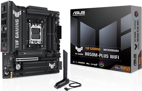 ASUS TUF GAMING B850M-PLUS WIFI MBD, Micro ATX, AMD AM5, 4xDDR5, 3xM.2, 4xSATA 6Gbps, RAID, 3xPCIe, 1xHDMI, 1xDP, 2.5GbE Ethernet, Wireless AX+Bluetooth, 1x USB-C, 7x USB-A, 4xUSB2.0, 3 Year Warranty
