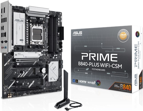 ASUS PRIME B840-PLUS WIFI-CSM, ATX, AMD AM5, 4xDDR5, 3xM.2, 4xSATA 6Gbps, RAID, 1xHDMI, 2xDP, 2xPCIe, GbE LAN, Wireless AX+Bluetooth, 1xUSB-C, 7xUSB-A, 3 Year Warranty