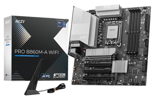 MSI PRO-B860M-A-WIFI, Micro ATX, Intel LGA 1851, 4xDDR5, 3xM.2, 4xSATA 6G, RAID, 4xPCIe, 1xHDMI, 1xDP, 1xTB4, GbE LAN, Wi-Fi 7+Bluetooth, 1xUSB-C, 3xUSB-A, 2xUSB2.0