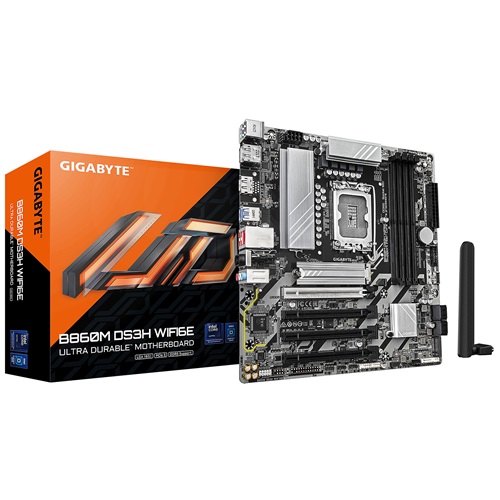 Gigabyte GA-B860M-DS3H-WIFI6E 1.0, Micro ATX, Intel LGA 1851, 4xDDR5, 2xM.2, 4xSATA 6Gbps, RAID, 4xPCIe, 1xHDMI, 2xDP, GbE LAN, Wireless AX+Bluetooth, 3xUSB3.2, 3xUSB2.0, 3 Year Warranty