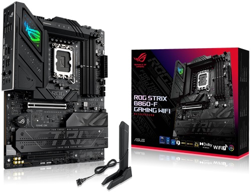 ASUS ROG STRIX B860-F GAMING WIFI, ATX, Intel Socket LGA1851, 4xDDR5, 4xM., 4xSATA 6Gb/s, RAID, 2xPCIe, 1xHDMI, 1xDP, 2.5Gb Ethernet Port, Wi-Fi 7+Bluetooth, 2xUSB-C, 7xUSB-A, 1xThunderbolt 4