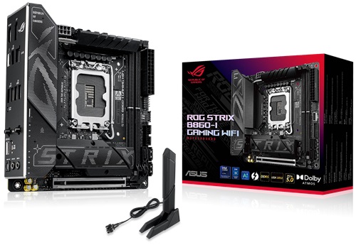 Asus ROG-STRIX-B860-I-GAMING-WIFI, Mini ITX, Intel LGA 1851, 2xDDR5, 2xM.2, 4xSATA 6Gb/s, RAID, 1xPCIe, 1xHDMI, 1xDP, 2.5Gb Ethernet, Wi-Fi 7+Bluetooth, 2xUSB-C, 4xUSB-A, 2xUSB2.0, 1xTB4, 3 Year Warranty