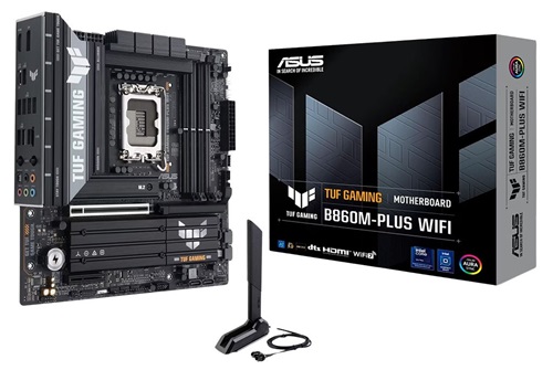ASUS TUF GAMING B860M-PLUS WIFI, Micro ATX, Intel LGA1851, 4xDDR5, 3xM.2, 4xSATA 6G, RAID, 2xPCIe, 1xHDMI, 1xDP, 2.5Gb Ethernet, Wi-Fi 7+Bluetooth, 1xUSB-C, 6xUSB-A, 1xUSB2.0, 3 Year Warranty