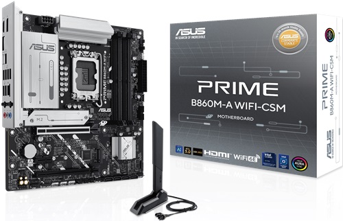 Asus PRIME B860M-A WIFI-CSM, Micro ATX, Intel LGA1851, 4xDDR5, 2xM.2, 4xSATA 6Gb/s, RAID, 1xHDMI, 2xDP, 3xPCIe, GbE LAN, Wireless AX+Bluetooth, 1xUSB-C, 7xUSB-A, 3 Year Warranty