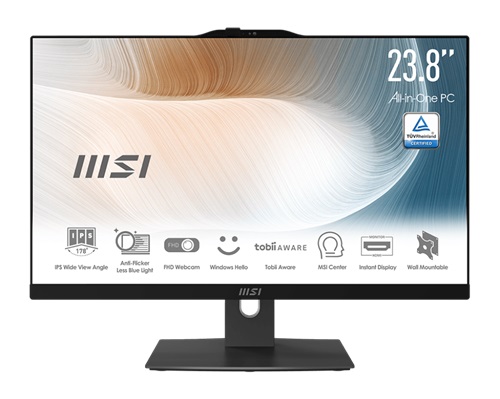 MSI MODERN AM242TP 1M-1254AU, AIO, 23.8", FHD Screen, Intel Core 5-120U, 8GB DDR5 RAM, 512GB NVMe SSD, Webcam, Keyboard+Mouse, WirelessAX+Bluetooth, Windows11 Pro, Black, 3 Year Onsite Warranty