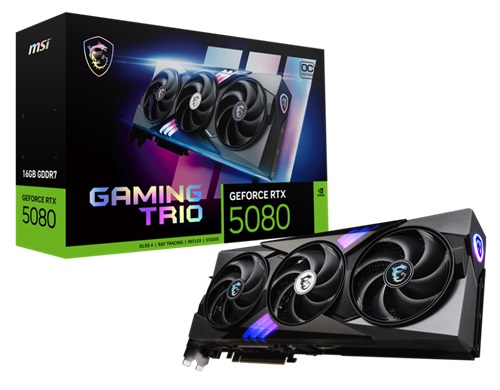 MSI GeForce RTX 5080 16G GAMING TRIO OC, Nvidia GeForce RTX 5080, 16GB DDR7, Core Clock: 2715MHz, Cuda Core: 10752, 1xHDMI, 3xDP, PSU: 850W, PCIe5.0, 3 Year Warranty