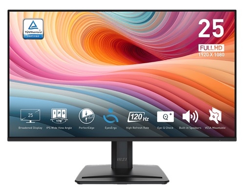 MSI PRO MP251 E2, 24.5", IPS, FHD, 1920X1080, 16:9, 1ms, 120Hz, Adaptive Sync, 1xHDMI, 1xDP, 1xVGA, Speaker, VESA, Tilt, 3 Year Warranty