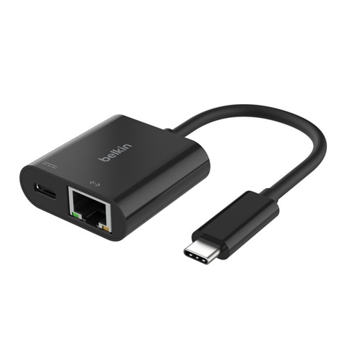 Belkin INC019BTBK, USB-C to Ethernet Charge Adapter, USB-C Power Delivery up to 100W, Ethernet 10/100/1000 Mbps, Black, 2 Year Warranty