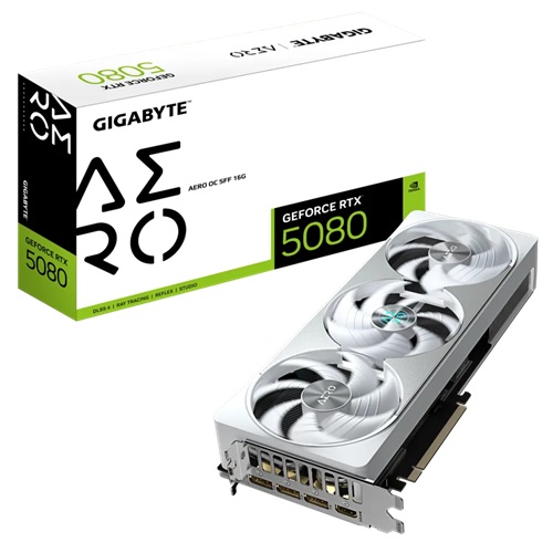 Gigabyte GV-N5080AERO OC-16GD, Nvidia GeForce RTX 5080 AERO OC SFF, 16GB GDDR7, Core Clock: 2730MHz, Cuda Core:  10752, 1xHDMI, 3xDP, PSU: 850W, PCIe5.0, 3 Year Warranty