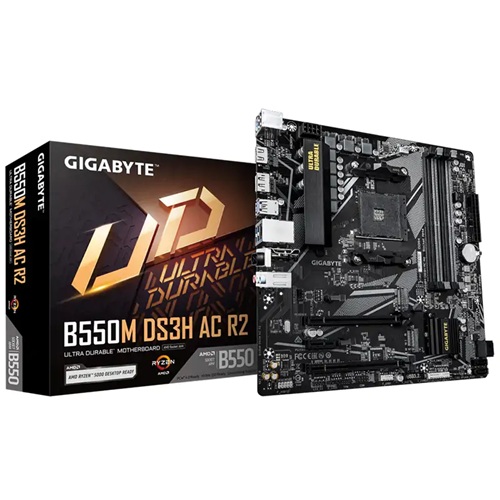 Gigabyte GA-B550M-DS3H-AC-R2, Micro ATX, AMD AM4, 4xDDR4, 2xM.2, 4xSATA 6Gb/s, RAID, 3xPCIe, 1xHDMI, 1xDP, Gbe LAN, Wireless AX+Bluetooth, 4 x USB3.2, 2xUSB2.0, 3 Year Warranty