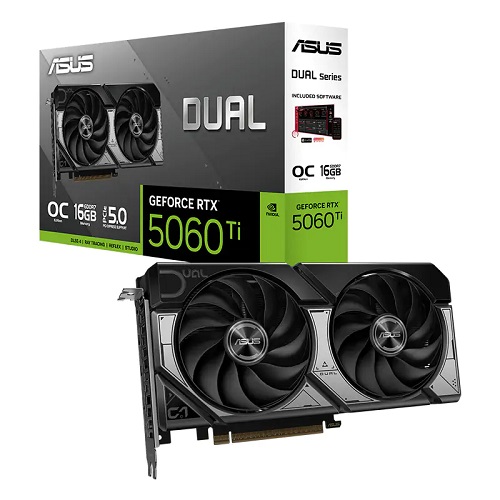 Asus DUAL-RTX5060TI-O16G, Nvidia GeForce RTX 5060 Ti, 16GB GDDR7, Core Clock: 2632MHz, Cuda Core: 4608, 1xHDMI, 3xDP, PSU: 550W, PCIe5.0, 3 Year Warranty