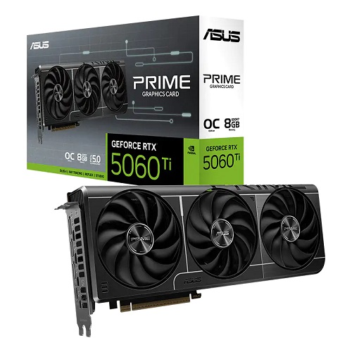 Asus PRIME-RTX5060TI-O8G, Nvidia GeForce RTX 5060 Ti, 8GB GDDR7, Core Clock: 2647MHz, Cuda Core: 4608, 1xHDMI, 3xDP, PSU: 550W, PCIe5.0, 3 Year Warranty