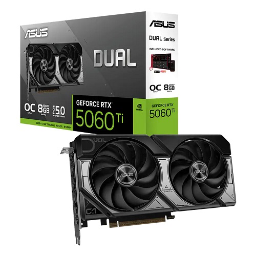 Asus DUAL-RTX5060TI-O8G, Nvidia GeForce RTX 5060 Ti, 8GB GDDR7, Core Clock: 2632MHz, Cuda Core: 4608, 1xHDMI, 3xDP, PSU: 550W, PCIe5.0, 3 Year Warranty