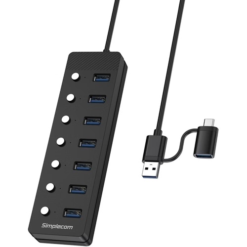 Simplecom CH375C, USB-A and USB-C to 7-Port USB 3.0 Hub, 5Gbps, Individual Switches and Power Adapter, 1 Year Warranty