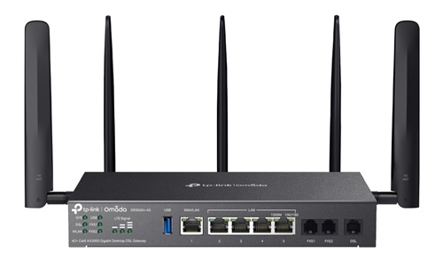 TP-Link DR3650V-4G, Omada 4G+ Cat6 AX3000 Wi-Fi 6 Gigabit Desktop DSL Gateway, 2xSIM Card Slots,1xDSL Port, 1xGigabit WAN Port, 4xGigabit Ports, 1xUSB 3.0 Port, 2xVoIP Ports, 5 Year Warranty