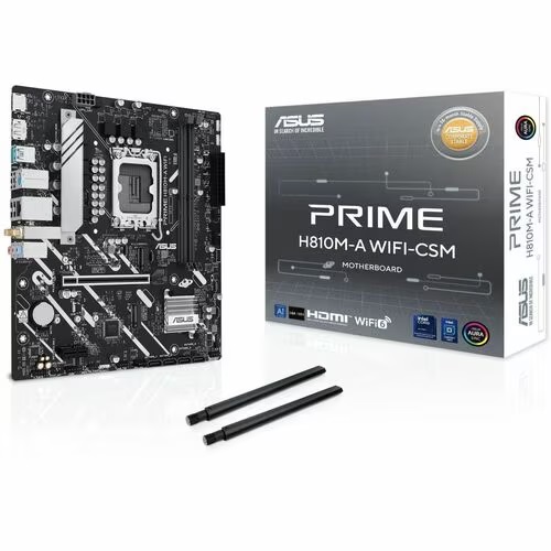 Asus PRIME H810M-A WIFI-CSM, Micro ATX, Intel LGA 1851, 2xDDR5, 2xM.2, 4xSATA, 1xHDMI, 1xDP, 2xPCIe, GbE LAN, Wireless AX+Bluetooth, 2xUSB-A, 4xUSB2.0, 3 Year Warranty