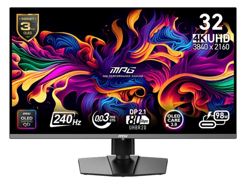 MSI MPG 322URX QD-OLED, 32", QD-OLED Gaming Monitor, 4k UHD Screen, 3840x2160, 16:9, 0.03ms, 240Hz, Adaptive Sync, 2x HDMI 2.1, 1xDP, 2xUSB-A, 1xUSB-B, 1xUSB-C(DP Alt Mode/98W PD), VESA, Height Adjustable, Pivot, Swivel, Tilt, 3 Year Warranty