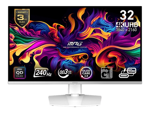 MSI MPG 321URXW QD-OLED, 32", QD-OLED Gaming Monitor, 4k UHD Screen, 3840x2160, 16:9, 0.03ms, 240Hz, Adaptive Sync, 2x HDMI 2.1, 1xDP, 2xUSB-A, 1xUSB-B, 1xUSB-C(DP Alt Mode/98W PD), VESA, Height Adjustable, Pivot, Swivel, Tilt, White, 3 Year Warranty